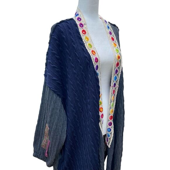 Pol Long Open Front Cardigan Kimono Knitted Navy Gray‎ Boho Embroidery SMJ368C - Picture 10 of 13